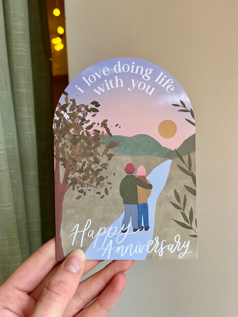 I Love Doing Life With You Unique A6 Arch Shape Happy Anniversary Greeting Card for Couple / Illustrated Art Card image 2