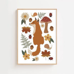 Woodland Fox Print with Adorable Design Featuring Bugs, Leaves, Mushrooms, and Flowers for Kids Room or Nursery Decor / forest illustration image 2