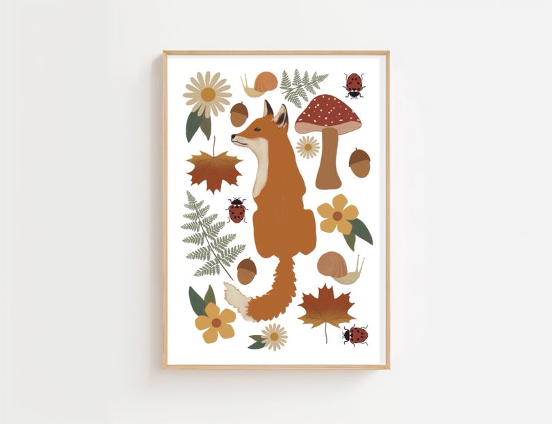 Woodland Fox Print with Adorable Design Featuring Bugs, Leaves, Mushrooms, and Flowers for Kids Room or Nursery Decor / forest illustration image 2