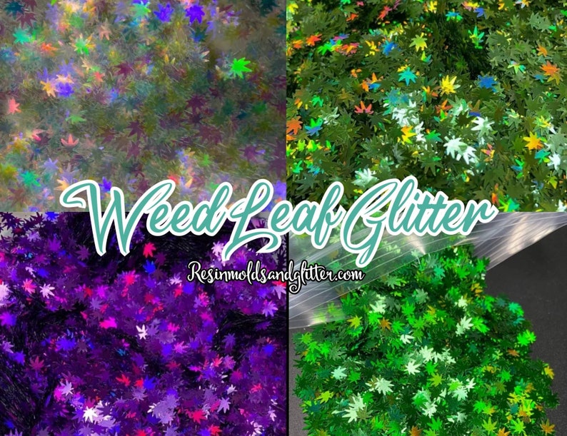Weed leaf glitter, green holographic and Iridescent glitter, leaf, pot leaf glitter for nail art, glitter tumblers and resin rolling trays 