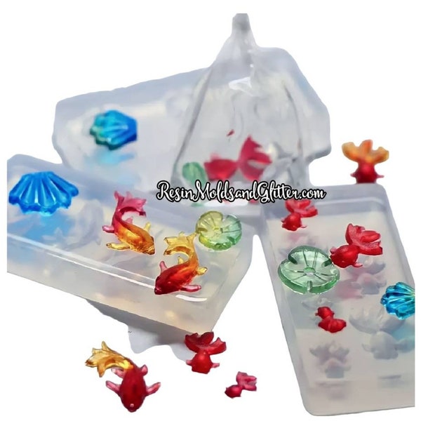 Miniature Koi Fish Silicone Mold for resin, Miniature Seashells and Lili pads, UV resin molds, Goldfish Silicone Resin Molds