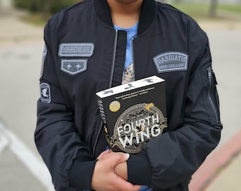 Dragon Rider Embroidered Bomber Jacket - Fantasy Book Inspired Apparel - Basgiath Style Patch Jacket - Dark Academia Bookish Gift