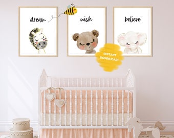 Inspirational Nursery Prints, Digital Wall Decor, Nursery Wall Art, Cute Animal Wall Art Prints, Digital Download, Nursery Decor - SET OF 3