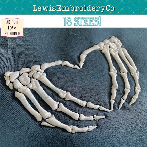 3D Puff, Skeleton Hands, Machine Embroidery Design - (PDF Tutorial Included)
