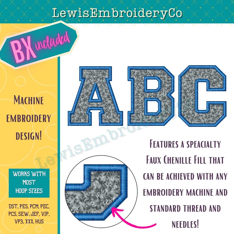 Puede incluir: Dise&ntilde;o de bordado a m&aacute;quina de las letras A, B y C en estilo chenille gris y azul. El dise&ntilde;o presenta un relleno de chenille falso especial que se puede lograr con cualquier m&aacute;quina de bordar y hilo est&aacute;ndar y agujas. El dise&ntilde;o est&aacute; disponible en una variedad de formatos, incluidos DST, PES, PCM, PEC, PCS, SEW, JEF, VIP, VP3, XXX y HUS.
