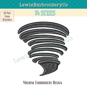 May include: A black and white machine embroidery design of a tornado. The design is available in 14 sizes. 3D puff foam is required.