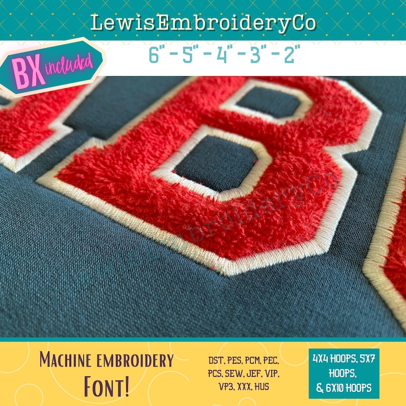 May include: Machine embroidery font design in red and white on a dark blue fabric. The font is available in sizes 6 inches, 5 inches, 4 inches, 3 inches, and 2 inches. The design is available in DST, PES, PCM, PEC, PCS, SEW, JEF, VIP, VP3, XXX, and HUS formats. The design can be used with 4x4, 5x7, and 6x10 hoop sizes.
