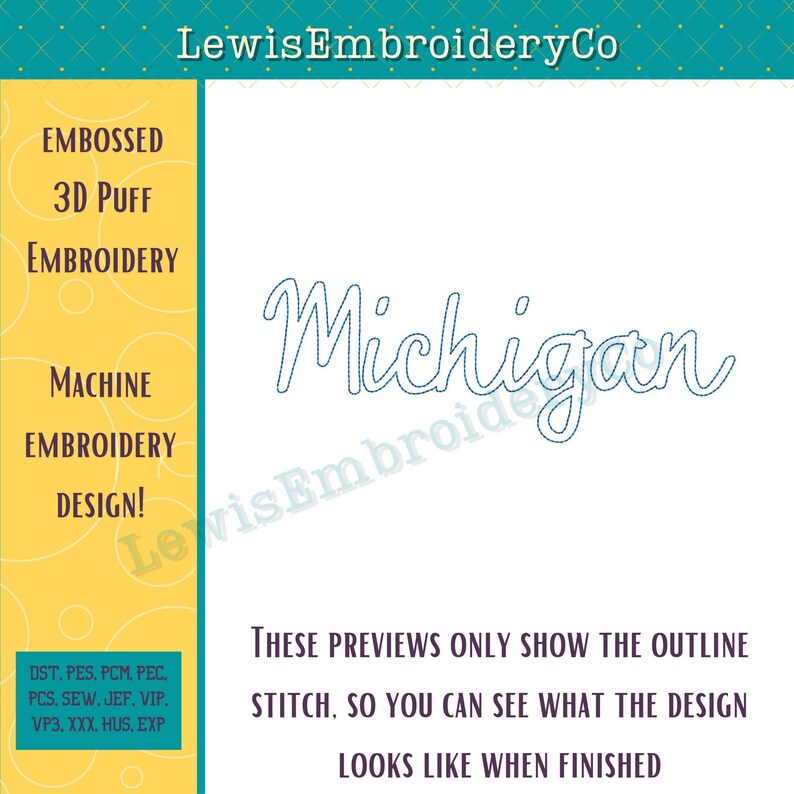Mich Cursive MICHIGAN, Embossed 3D Puff, Machine Embroidery Design - Not Full Font ...