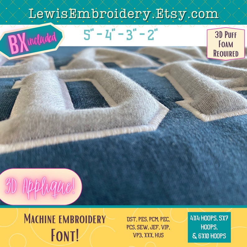 May include: Machine embroidery design of the word "DAD" in a 3D puff applique style. The design is available in multiple sizes, from 2 inches to 5 inches. The design requires 3D puff foam to achieve the raised effect. The design is available in DST, PES, PCM, PEC, PCS, SEW, JEF, VIP, VP3, XXX, and HUS formats. The design can be stitched in a 4x4, 5x7, or 6x10 hoop.