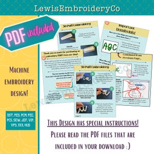 May include: A digital machine embroidery design with included PDF instructions. The image features instructional pages with text and diagrams for 3D puff embroidery, along with the text "PDF included" and "Machine Embroidery Design!"