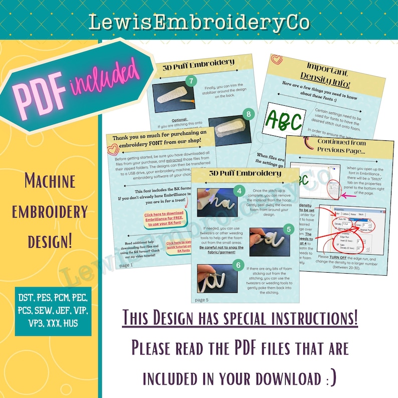 May include: A digital machine embroidery design with included PDF instructions. The image features instructional pages with text and diagrams for 3D puff embroidery, along with the text "PDF included" and "Machine Embroidery Design!"