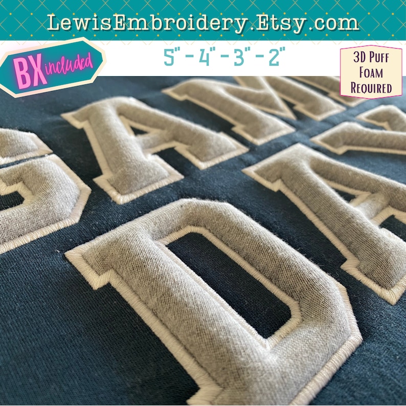 May include: Close-up of a gray and white embroidered "GAME DAY" design on a dark blue fabric. The embroidery is 3D and requires puff foam. The design is available in sizes 5", 4", 3", and 2".