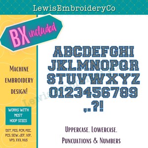 Puede incluir: Un dise&ntilde;o de bordado de alfabeto y n&uacute;meros azul y gris con el texto "LewisEmbroideryCo" y "BX included" en la parte superior. El dise&ntilde;o incluye letras may&uacute;sculas y min&uacute;sculas, n&uacute;meros del 0 al 9 y signos de puntuaci&oacute;n. El texto "Machine Embroidery Design!" est&aacute; en el lado izquierdo de la imagen. El texto "Works with most hoop sizes" est&aacute; debajo del texto "Machine Embroidery Design!" El texto "DST. PES. PCM. PEC. PCS. SEW. JEF. VIP. VP3. XXX. HUS" est&aacute; debajo del texto "Works with most hoop sizes". El texto "UPPERCASE. LOWERCASE. PUNCUATIONS & NUMBERS" est&aacute; en el lado derecho de la imagen.