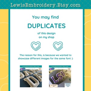May include: Two images of embroidered patches, one with the word "JAM" and the other with the letters "LSU". Both patches are gray with purple lettering and are shown on a blue background. The text "LewisEmbroidery.Etsy.com" is visible at the top of each image.