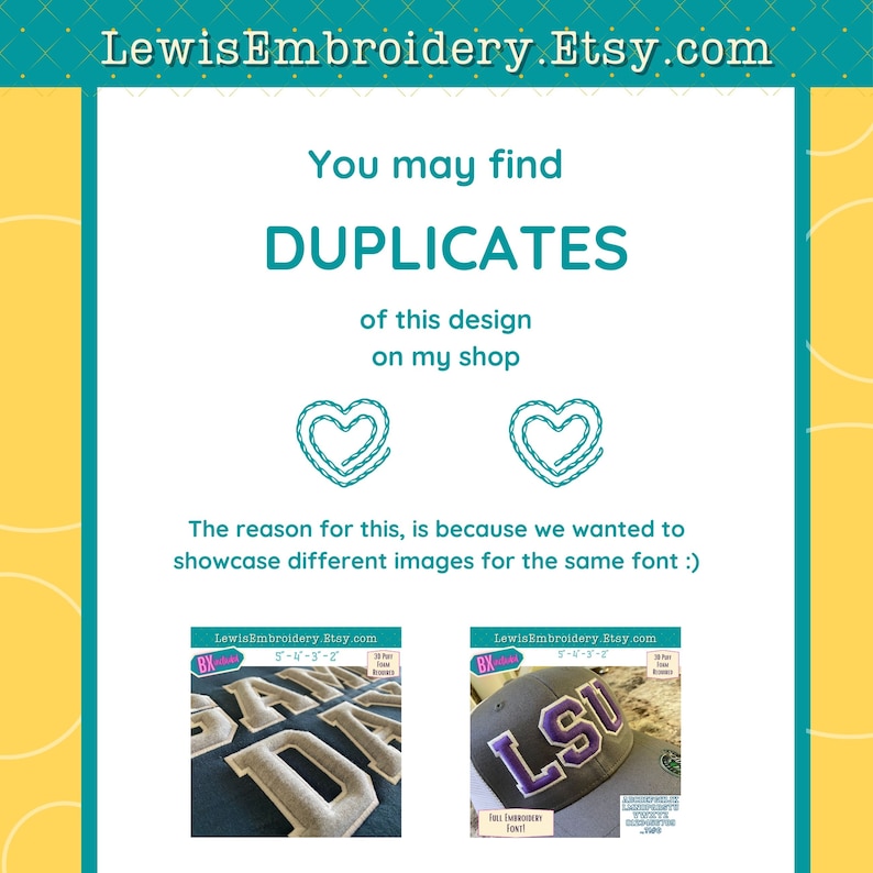 May include: Two images of embroidered patches, one with the word "JAM" and the other with the letters "LSU". Both patches are gray with purple lettering and are shown on a blue background. The text "LewisEmbroidery.Etsy.com" is visible at the top of each image.