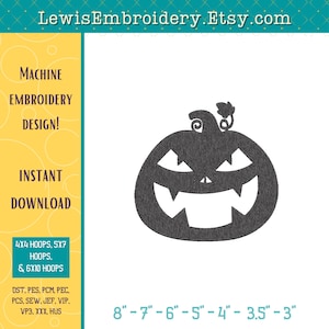 May include: Machine embroidery design of a black and white jack-o'-lantern with a toothy grin. The design is available in sizes from 8 inches to 3 inches.  The design is available in formats DST, PES, PCM, PEC, PCS, SEW, JEF, VIP, VP3, XXX, and HUS.