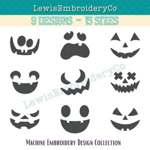 May include: Nine black and white embroidery designs of different pumpkin faces. The designs are for machine embroidery and are available in 15 sizes. The text "9 DESIGNS - 15 SIZES" is at the top of the image.