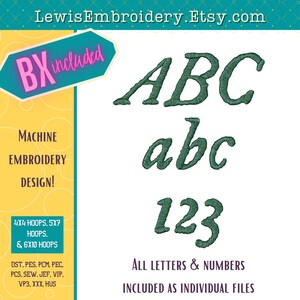 May include: A set of machine embroidery designs featuring the alphabet in uppercase and lowercase letters, as well as the numbers 1, 2, and 3. The letters and numbers are in a cursive font and are a dark green color. The text "BX included" is in a pink and blue box in the upper left corner of the image. The text "ALL LETTERS & NUMBERS INCLUDED AS INDIVIDUAL FILES" is in a purple box at the bottom of the image.