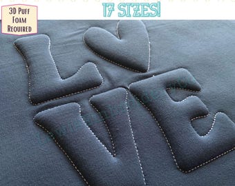 Puede incluir: Primer plano de una tela azul oscuro con la palabra "LOVE" bordada en hilo blanco. Las letras son hinchadas y tienen un efecto 3D. El texto "3D Puff Foam Required" y "17 SIZES!" también es visible en la imagen.
