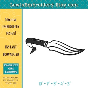May include: Black and white machine embroidery design of a knife. The design is available in 4x4, 5x7, and 6x10 hoop sizes. The design is available in the following formats: DST, PES, PCM, PEC, PCS, SEW, JEF, VIP, VP3, XXX, HUS.