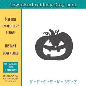 May include: Machine embroidery design of a black jack-o'-lantern with a toothy grin. The design is available in sizes from 8 inches to 3 inches.  The design is available in formats DST, PES, PCM, PEC, PCS, SEW, JEF, VIP, VP3, XXX, and HUS.