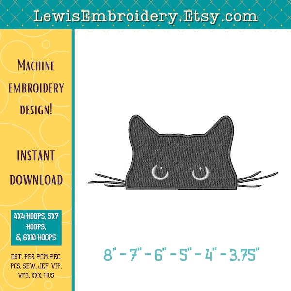 Peeking Black Cat Face Machine Embroidery Design - 6 Sizes - Instant Download, Digital Item - PES, DST