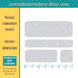 May include: A set of eight embroidery designs in various sizes, from 1 inch to 8 inches. The designs are in the shape of a rectangle and are perfect for creating a variety of projects. The designs are available in a variety of formats, including DST, PES, PCM, PEC, PCS, SEW, JEF, VIP, VP3, XXX, and HUS.