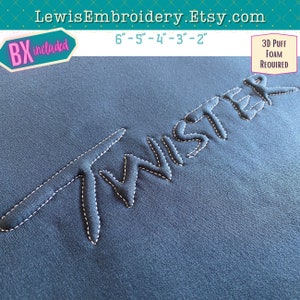 Geprägtes 3D Puff Twister Stickschrift - Puff Foam Tornado Alphabet - Puffy Outline Schrift - Rock and Roll Stickerei Schrift - BOX Schrift