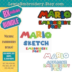 Mario Embroidery 3 Font Bundle - Super Embroidery Font - Knockdown, Applique, Sketch, Quick Fill Font - BX Font - Video Game Font - Cartoon