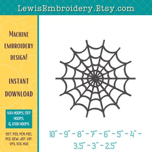 May include: Black and white spider web embroidery design in various sizes, from 2.5 inches to 10 inches.  The design is suitable for 4x4, 5x7, and 6x10 embroidery hoops.  File formats include DST, PES, PCM, PEC, PCS, SEW, JEF, VIP, VP3, XXX, and HUS.