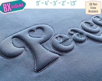 May include: A close-up of a blue fabric with the word "Peace" embroidered in white thread. The embroidery is puffy and has a heart shape in the "P". The text "LewisEmbroideryCo" and "5"-4"-3"-2"-1.5" are visible at the top of the image. The text "3D Puff Foam Required" is visible at the top right of the image.