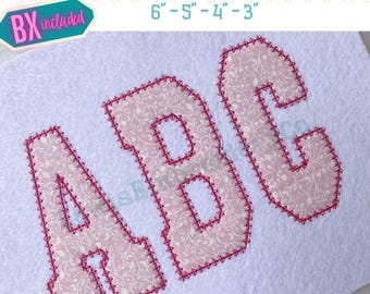 May include: Embroidered letters A, B, and C in pink with a white floral pattern. The letters are outlined in red and are 6 inches, 5 inches, 4 inches, and 3 inches tall.