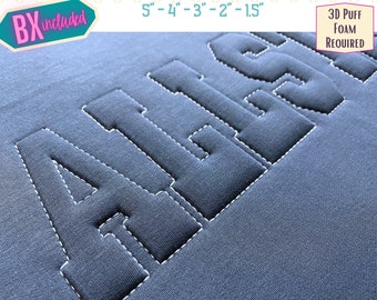 Embossed 3D Puff Embroidery Font - Puff Foam Embroidery Font -  Puffy Outline Font - Varisty Embroidery Font - Sports Block Font - BX Font