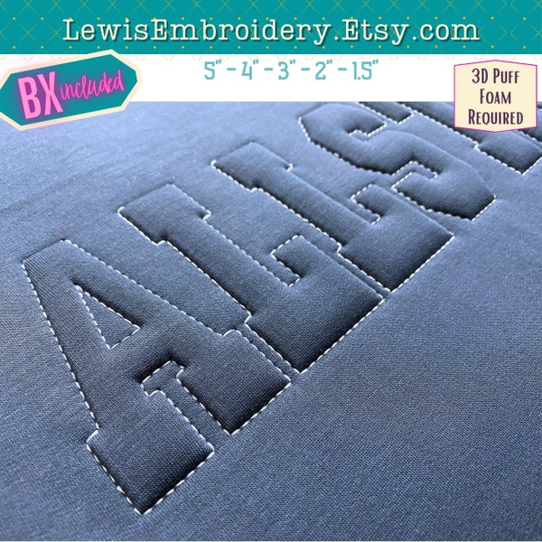 Embossed 3D Puff Embroidery Font - Puff Foam Embroidery Font -  Puffy Outline Font - Varisty Embroidery Font - Sports Block Font - BX Font