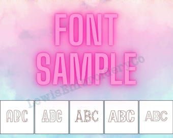 Puede incluir: Un fondo de acuarela rosa y blanco con el texto "FONT SAMPLE" en rosa. Cinco cuadrados blancos con las letras "ABC" en diferentes fuentes se muestran debajo del texto. El texto "¡Prueba nuestras fuentes antes de comprar!" se muestra debajo de los cuadrados.