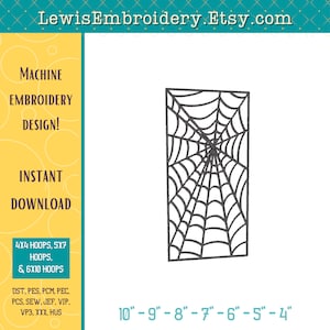 May include: Black and white machine embroidery design of a spider web. The design is available in sizes for 4x4, 5x7, and 6x10 embroidery hoops. The design is available for instant download in the following formats: DST, PES, PCM, PEC, PCS, SEW, JEF, VIP, VP3, XXX, HUS.