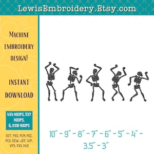 May include: Machine embroidery design of five dancing skeletons in various poses. The design is available in sizes from 3 to 10 inches. The design is available in multiple formats, including DST, PES, PCM, PEC, PCS, SEW, JEF, VIP, VP3, XXX, and HUS.