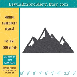 May include: Machine embroidery design of a gray mountain range with white snow peaks. The design is available in sizes from 3 inches to 10 inches.  The file formats included are DST, PES, PCM, PEC, PCS, SEW, JEF, VIP, VP3, XXX, and HUS.