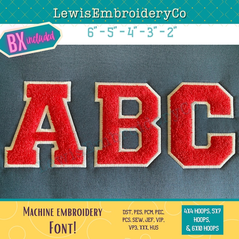 May include: Machine embroidery font design in red and white, featuring the letters A, B, and C. The font is available in sizes 6 inches, 5 inches, 4 inches, 3 inches, and 2 inches. The design is suitable for 4x4, 5x7, and 6x10 embroidery hoops. The file formats included are DST, PES, PCM, PEC, PCS, SEW, JEF, VIP, VP3, XXX, and HUS.