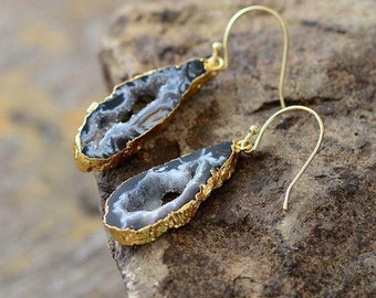 A-14873 Fabulous Handmade Agate Slice Druzy Earrings DIY Component Pairs Gold Edge With Electroplated Earring Double Bail Connect Earrings