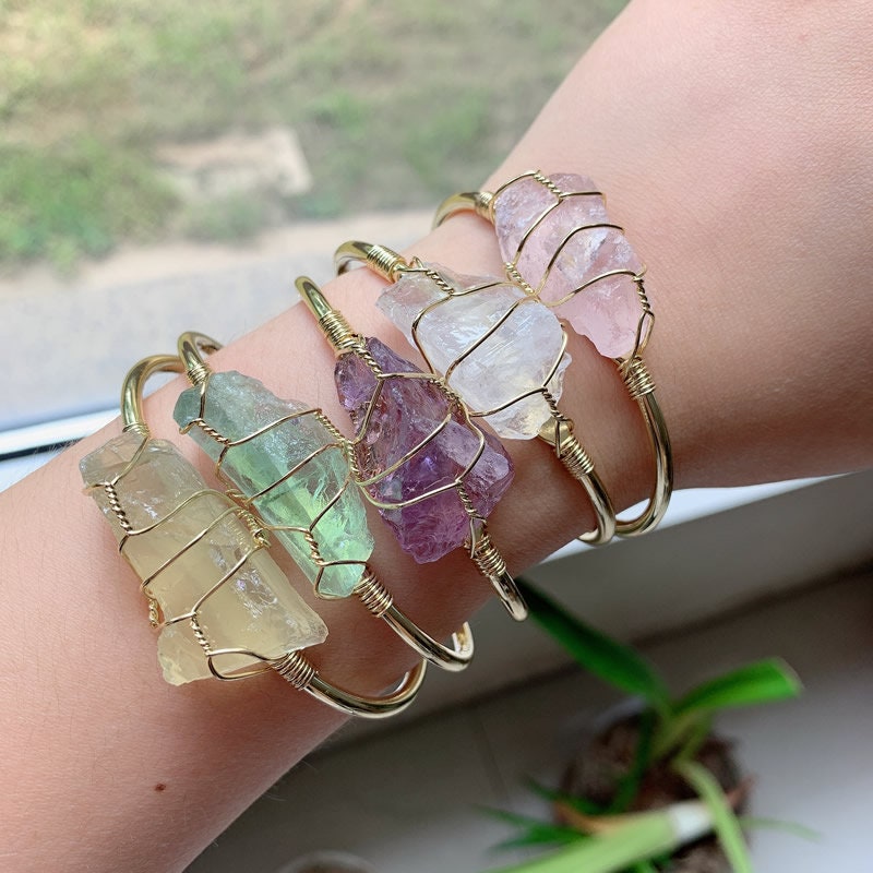 Raw Crystals Adjustable Bracelets, Healing Crystal Wire Wrapped Brace…