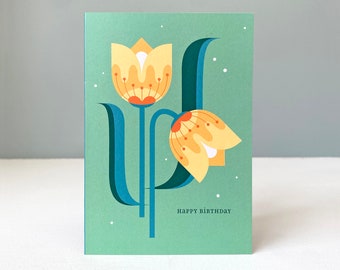 Happy Birthday greeting card with tulip illustration : Spring birthday floral art card