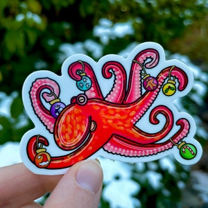 Ornament Octopus Sticker 3in - Christmas, Ocean Life, Cephalopods