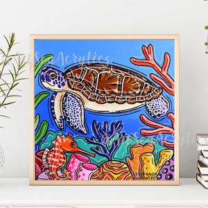 Sea Turtle Coral Reef Painting Print 8&quot;x8&quot;, Marine Life Art, Beach House Decor, Coral Reef Art, Ocean Art, Tropical Fish, Sea Horse art