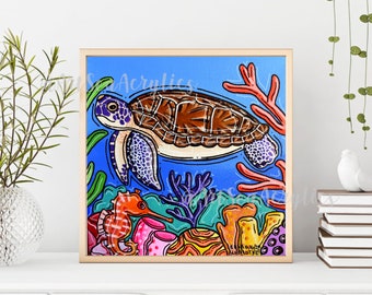 Sea Turtle Coral Reef Painting Print 8"x8", Marine Life Art, Beach House Decor, Coral Reef Art, Ocean Art, Tropical Fish, Sea Horse art