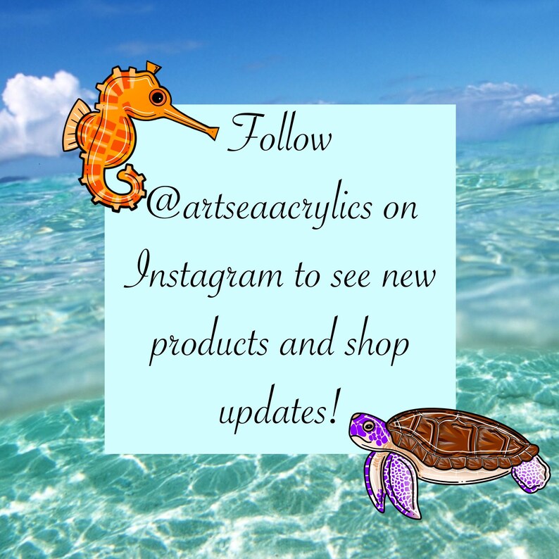 Pu&ograve; includere: Un cartello blu e bianco con il testo "Follow @artseaacrylics on Instagram to see new products and shop updates!" Un cavalluccio marino arancione disegnato e una tartaruga marina marrone con accenti viola sono su entrambi i lati del cartello. Lo sfondo &egrave; un oceano blu con nuvole bianche.