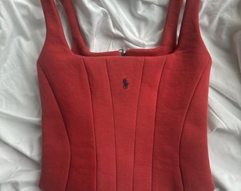 Handmade Upcycled Polo Corset Top | Reworked Red Sweatshirt Bustier Top | One of a Kind Sustainable Patriotic Streetwear | Women's XS, 00-0