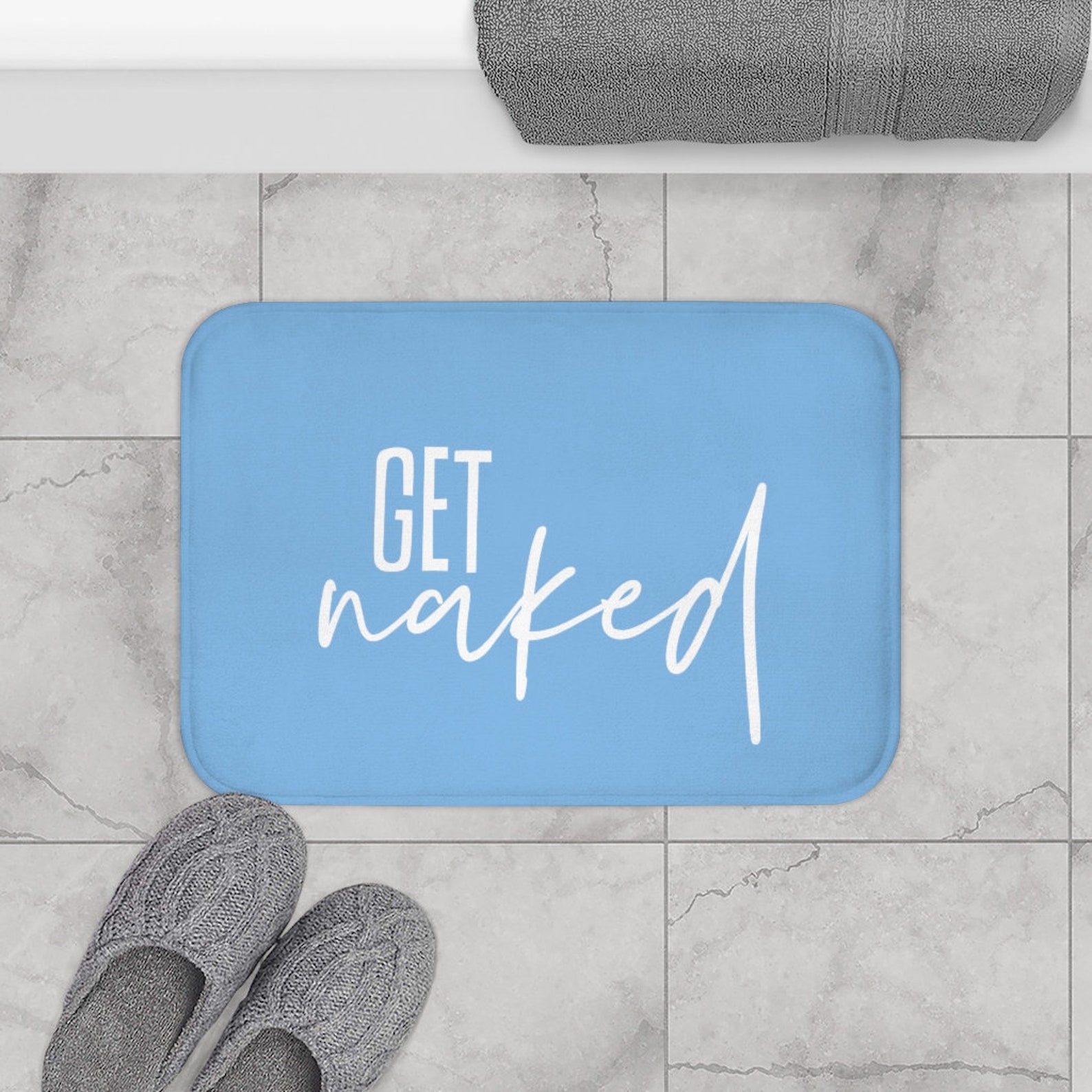 Blue Get Naked Bath Mat / Funny Bathroom Decor / Fun Bathroom Etsy