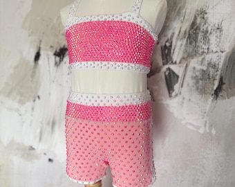 Hot Pink Rhinestone Dance Costume 2-Piece Set, Child 7/8, Solo Competition, Jazz Acro Gymnastics Tryouts, Handmade, Ships Fast