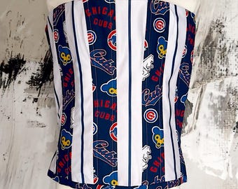 Upcycled Chicago Baseball Flag Corset Top Blue White Strapless Reworked Bustier Sportswear Y2K Sustainable Fashion Size Women's X-Small